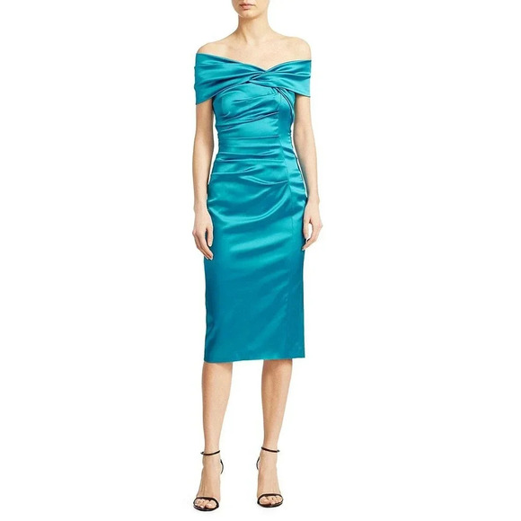 Talbot Runhof Ruched Satin Cocktail Dress Danube Size 6 NWT - Picture 1 of 10
